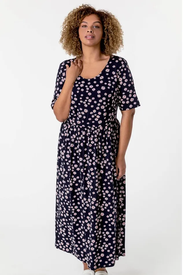 Navy Curve Ditsy Floral Print Midi Dress Women Roman Dresses