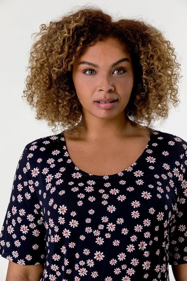 Navy Curve Ditsy Floral Print Midi Dress Women Roman Dresses