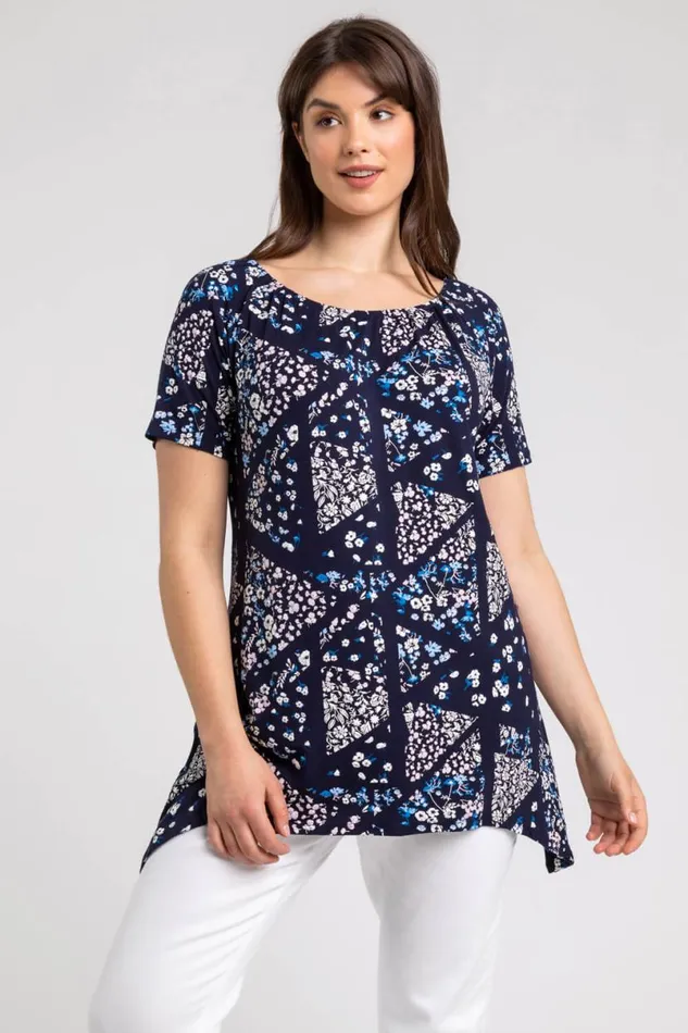 Navy Curve Ditsy Floral Swing Tunic Top Women Roman Tops