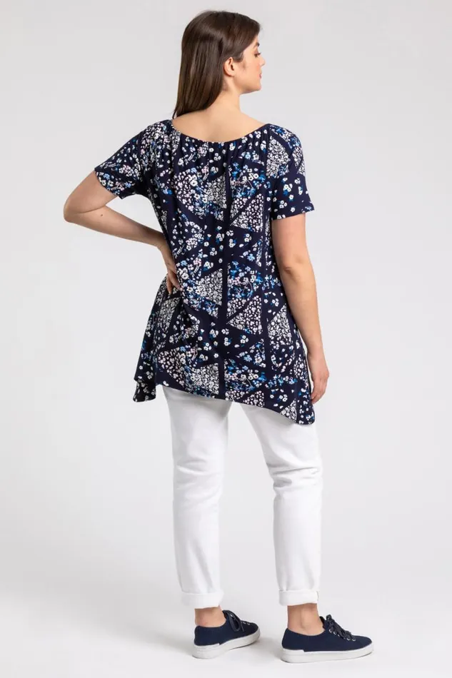 Navy Curve Ditsy Floral Swing Tunic Top Women Roman Tops