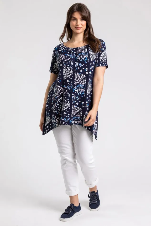 Navy Curve Ditsy Floral Swing Tunic Top Women Roman Tops
