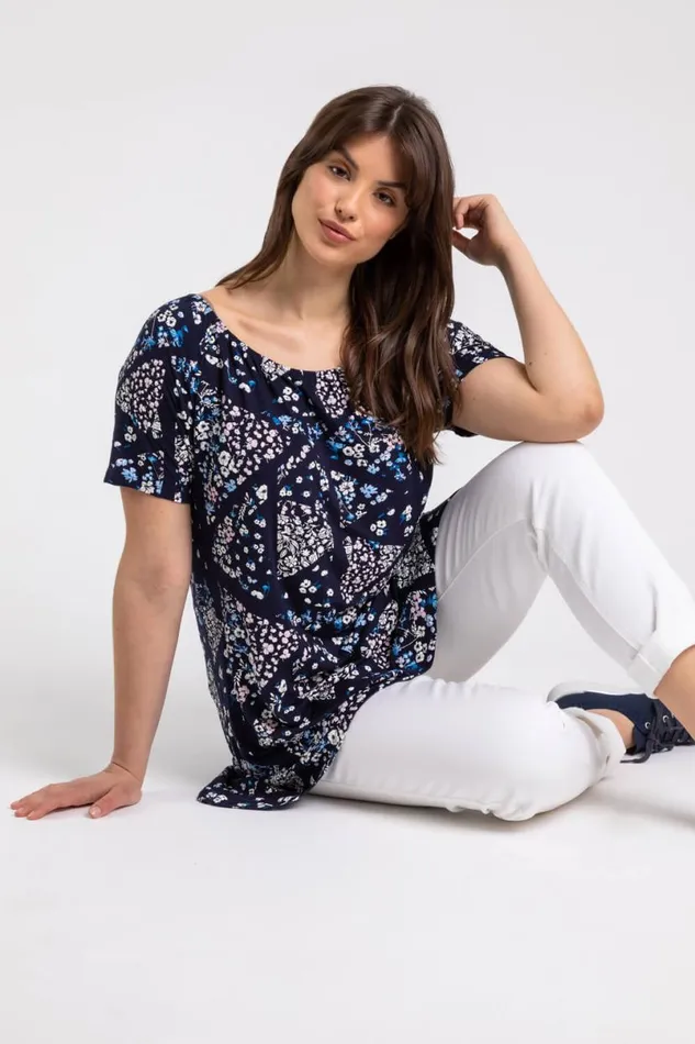 Navy Curve Ditsy Floral Swing Tunic Top Women Roman Tops