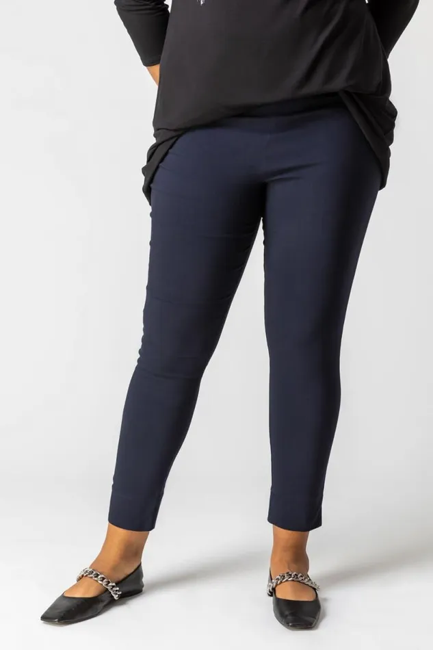Navy Curve Full Length Elastic Waist Trousers Women Roman Trousers