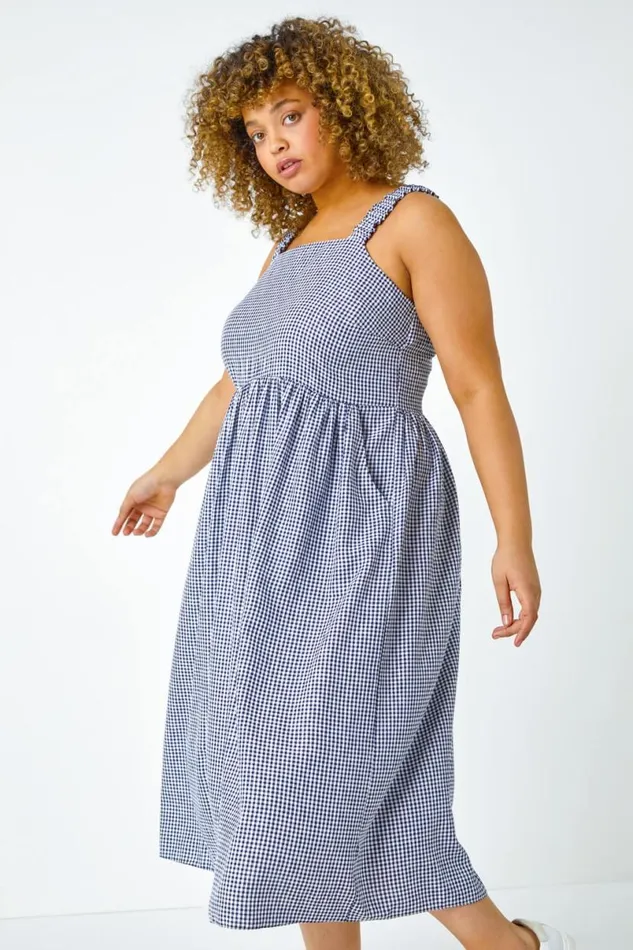 Navy Curve Gingham Linen Look Ruched Midi Dress Women Roman Dresses