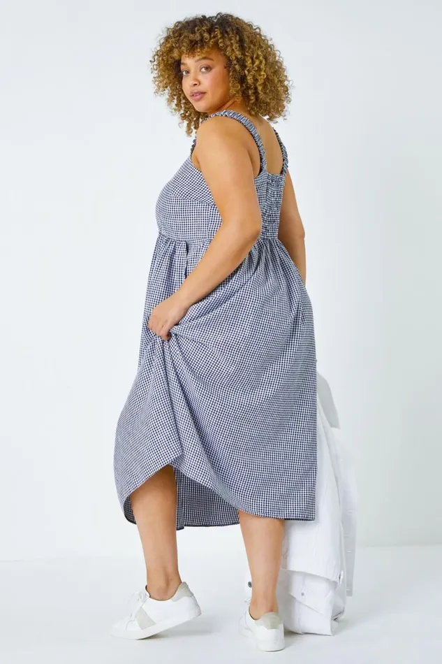 Navy Curve Gingham Linen Look Ruched Midi Dress Women Roman Dresses