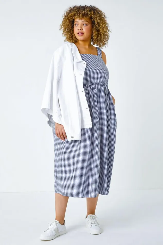Navy Curve Gingham Linen Look Ruched Midi Dress Women Roman Dresses