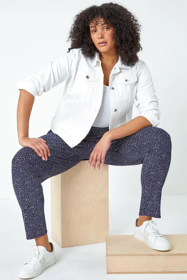 Navy Curve Printed Elastic Waist Tapered Trousers Women Roman Trousers