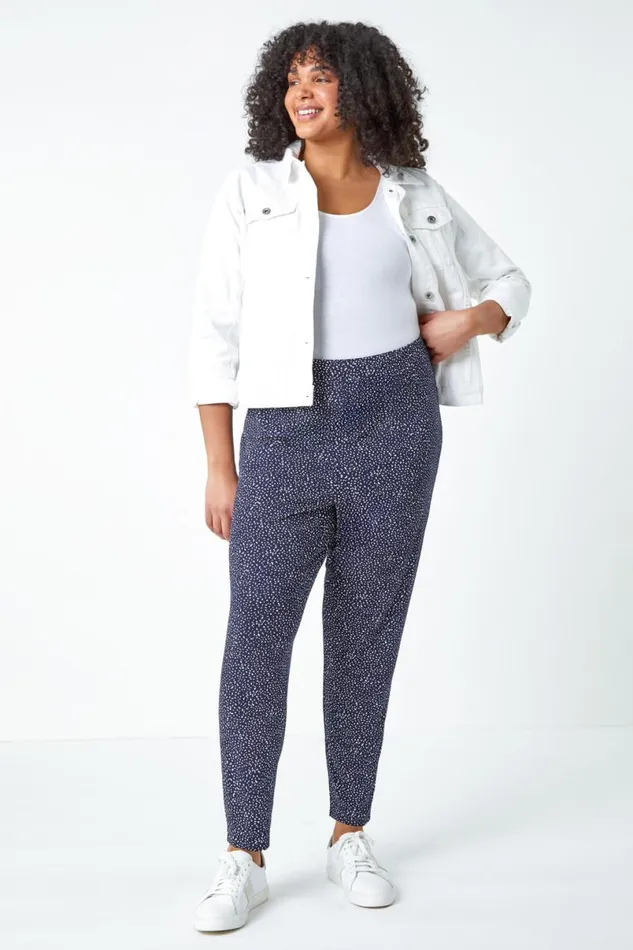 Navy Curve Printed Elastic Waist Tapered Trousers Women Roman Trousers