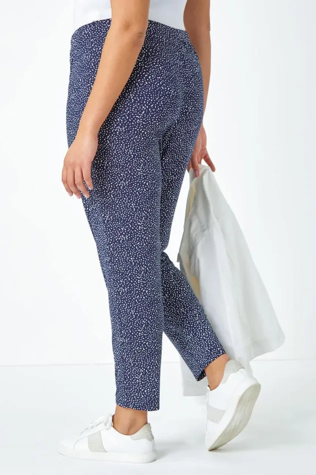 Navy Curve Printed Elastic Waist Tapered Trousers Women Roman Trousers