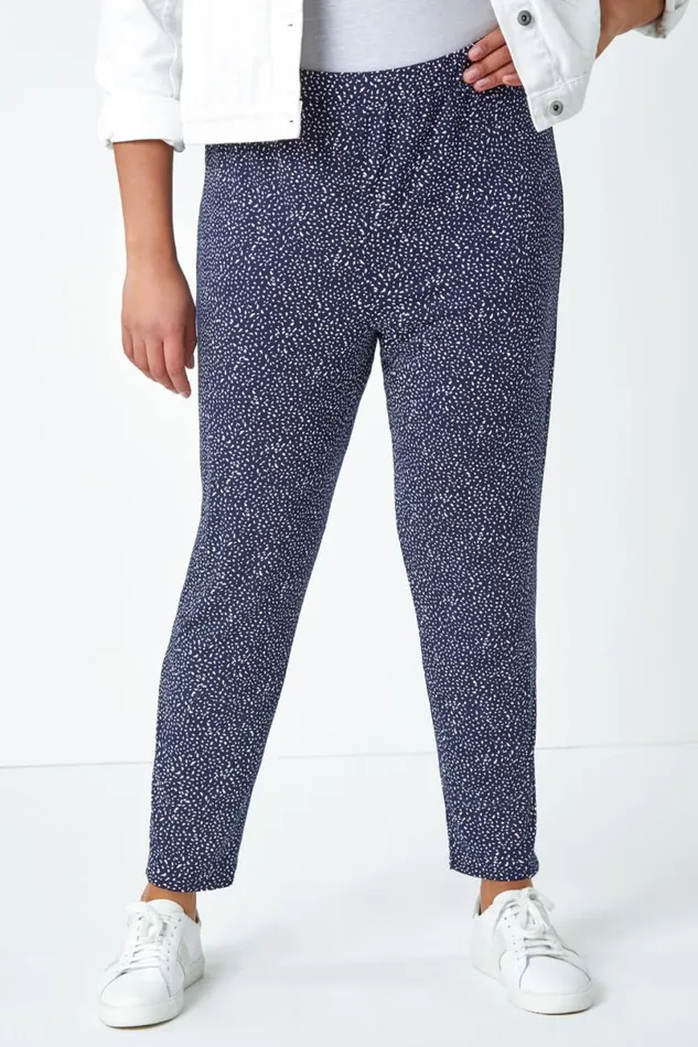 Navy Curve Printed Elastic Waist Tapered Trousers Women Roman Trousers