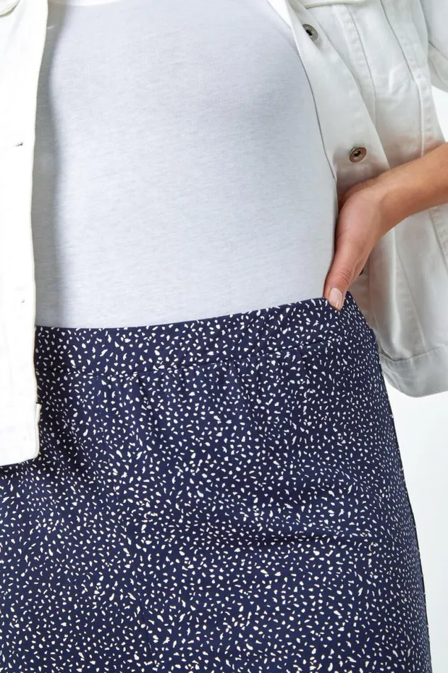 Navy Curve Printed Elastic Waist Tapered Trousers Women Roman Trousers