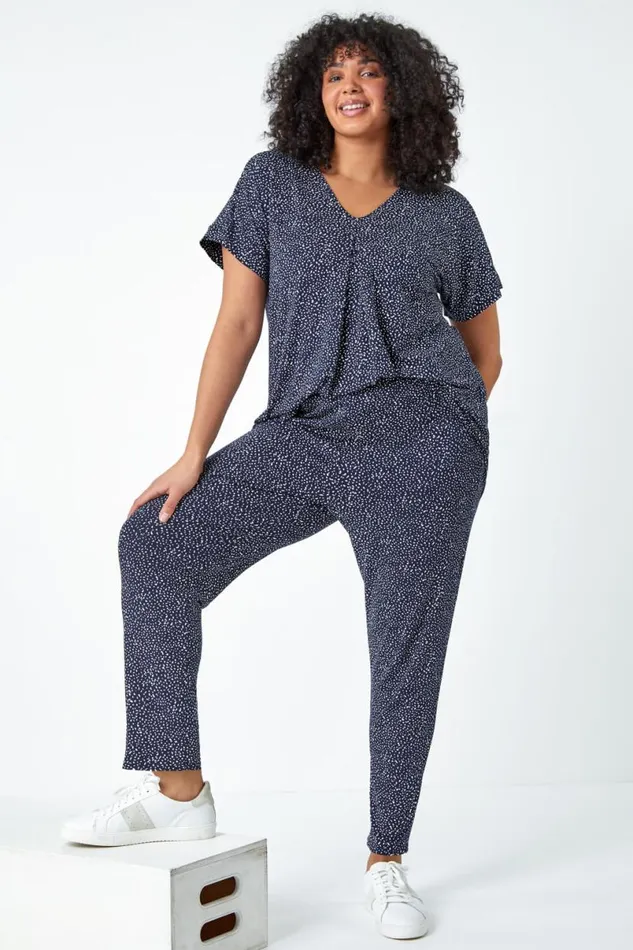 Navy Curve Printed Elastic Waist Tapered Trousers Women Roman Trousers