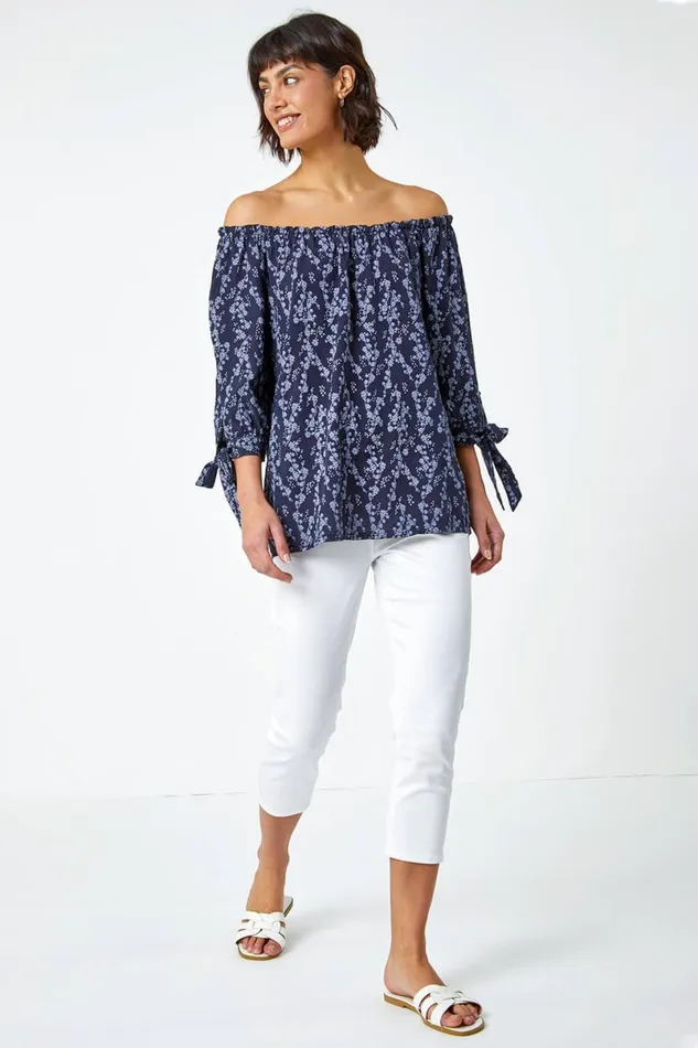 Navy Ditsy Floral Print Bardot Top Women Roman Tops