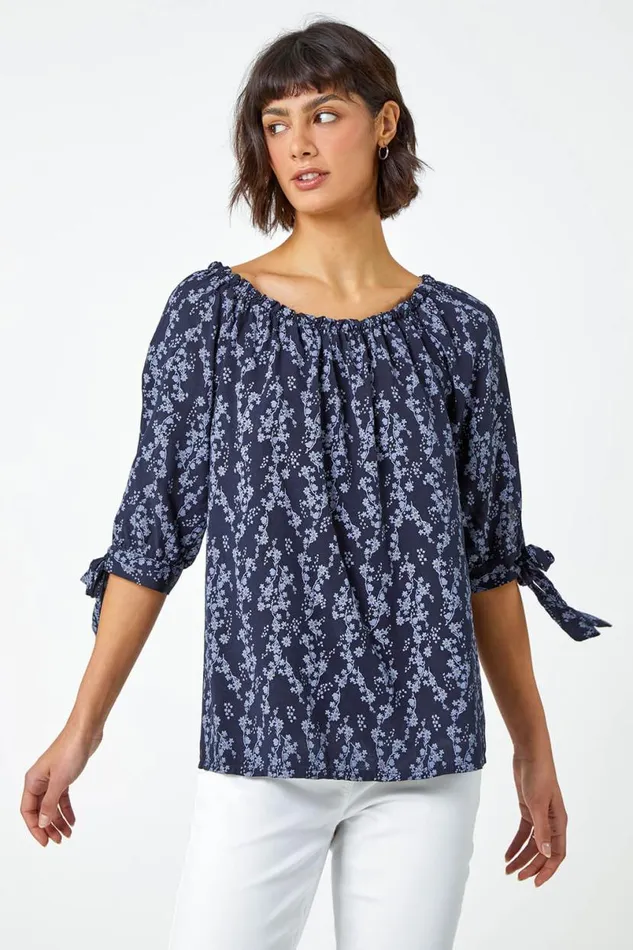 Navy Ditsy Floral Print Bardot Top Women Roman Tops