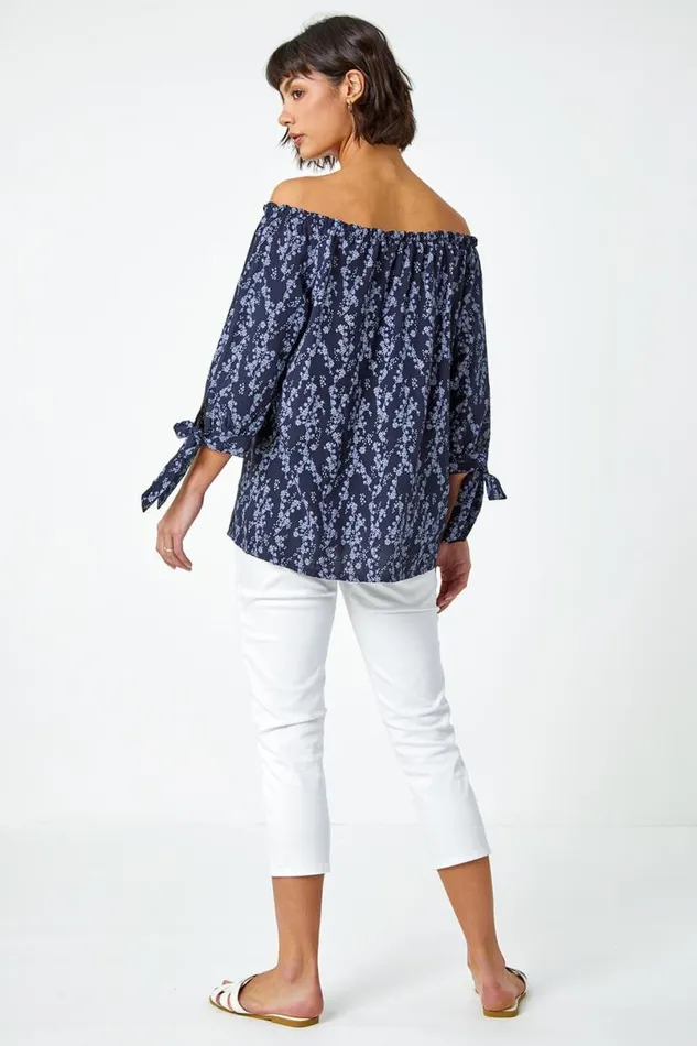 Navy Ditsy Floral Print Bardot Top Women Roman Tops