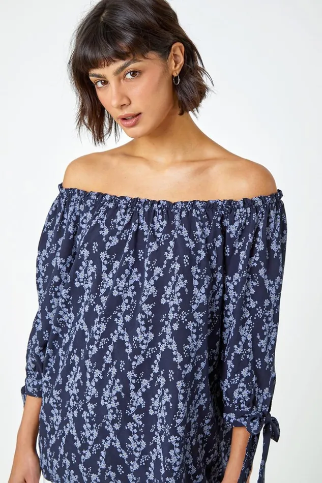 Navy Ditsy Floral Print Bardot Top Women Roman Tops