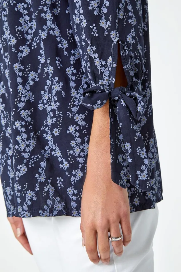 Navy Ditsy Floral Print Bardot Top Women Roman Tops