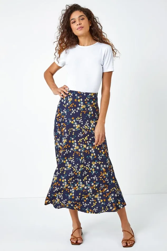 Navy Ditsy Floral Print Elastic Waist Midi Skirt Women Roman Skirts