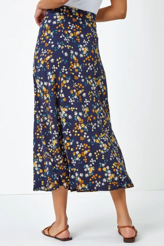 Navy Ditsy Floral Print Elastic Waist Midi Skirt Women Roman Skirts