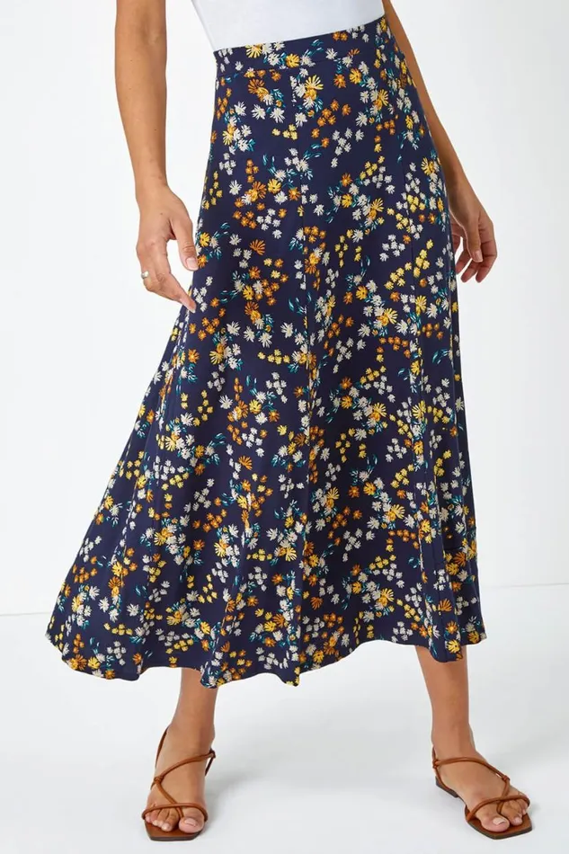 Navy Ditsy Floral Print Elastic Waist Midi Skirt Women Roman Skirts