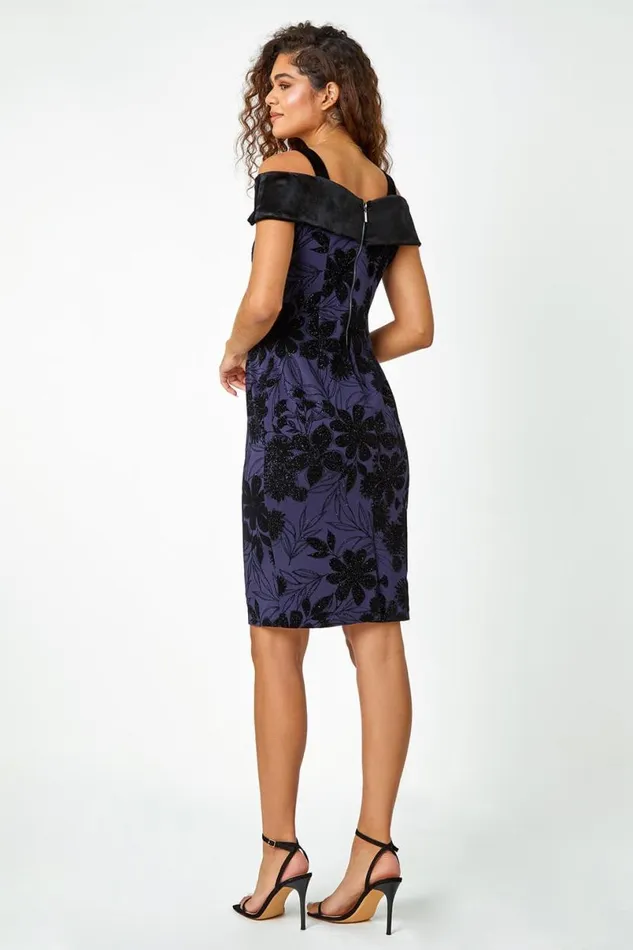Navy Floral Flock Cold Shoulder Dress Women Roman Dresses