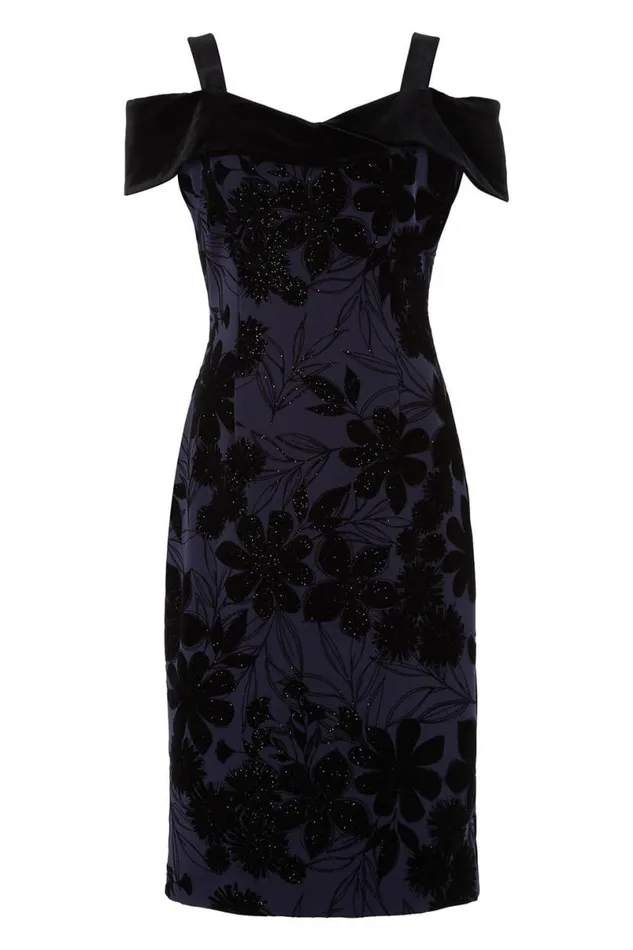 Navy Floral Flock Cold Shoulder Dress Women Roman Dresses