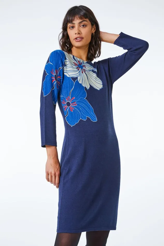Navy Floral Print Knitted Dress Women Roman Dresses