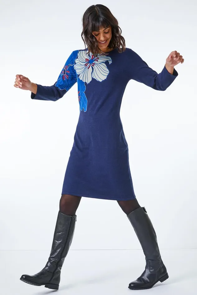 Navy Floral Print Knitted Dress Women Roman Dresses