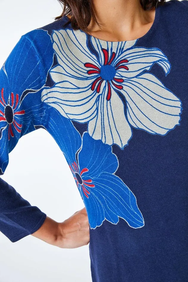 Navy Floral Print Knitted Dress Women Roman Dresses