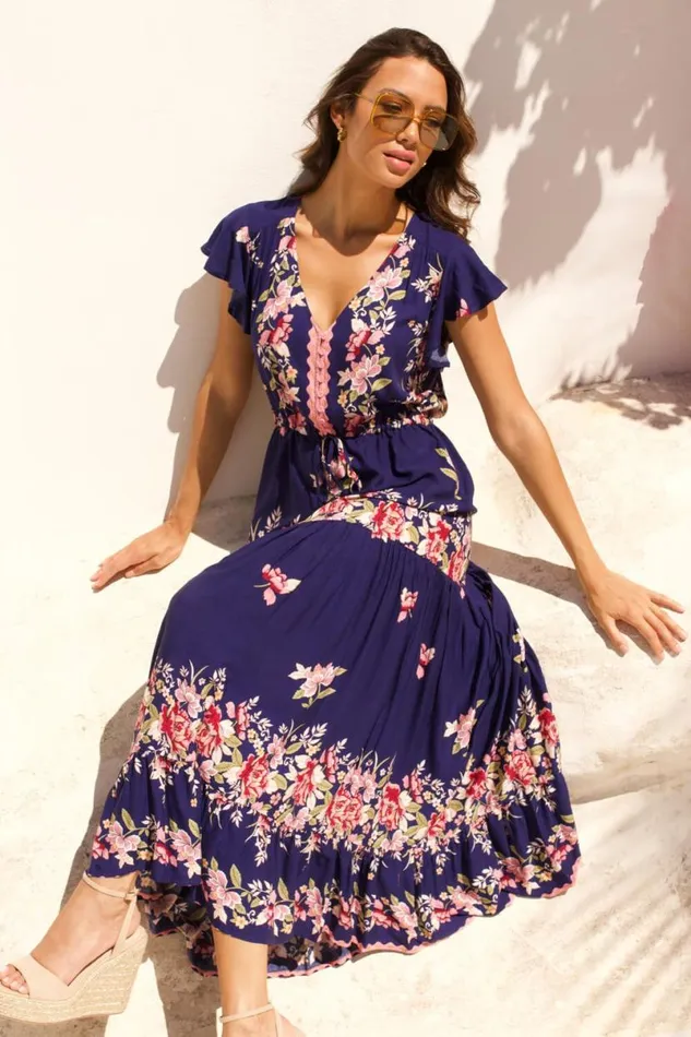 Navy Floral Print Tiered Midi Dress Women Roman Dresses