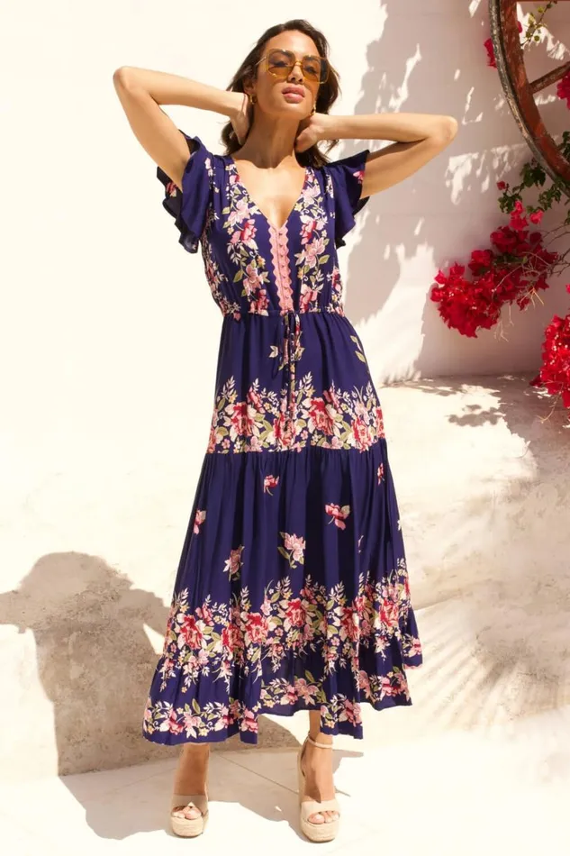 Navy Floral Print Tiered Midi Dress Women Roman Dresses