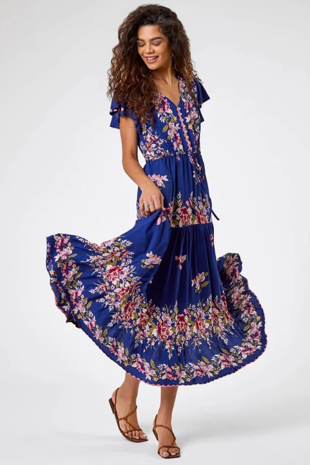 Navy Floral Print Tiered Midi Dress Women Roman Dresses