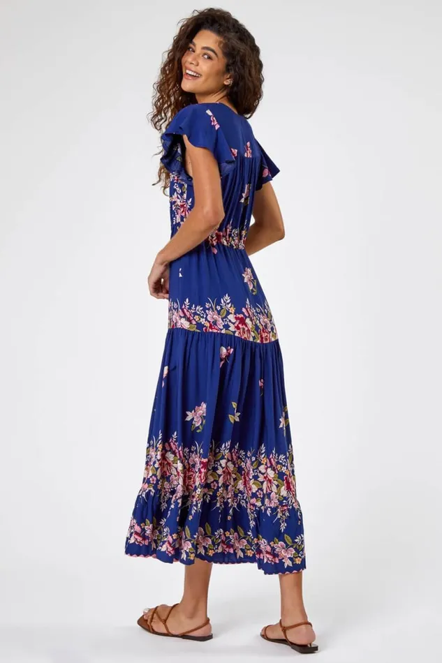 Navy Floral Print Tiered Midi Dress Women Roman Dresses