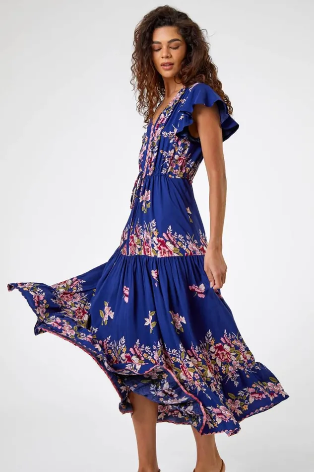 Navy Floral Print Tiered Midi Dress Women Roman Dresses