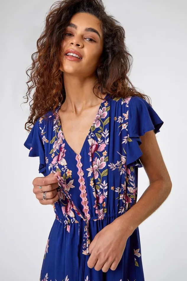 Navy Floral Print Tiered Midi Dress Women Roman Dresses