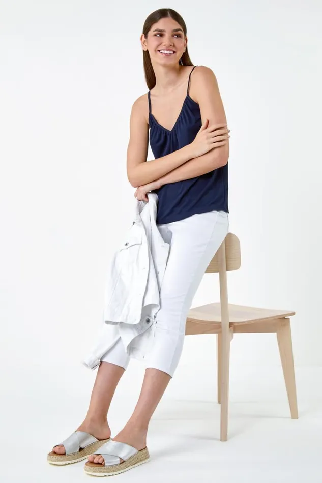 Navy Gathered VNeck Stretch Vest Top Women Roman Tops