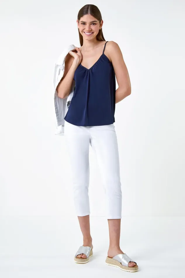 Navy Gathered VNeck Stretch Vest Top Women Roman Tops
