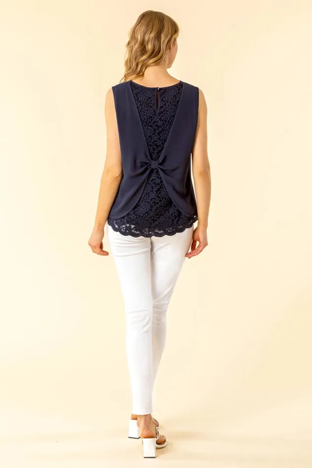 Navy Lace Back Pleat Detail Chiffon Top Women Roman Tops