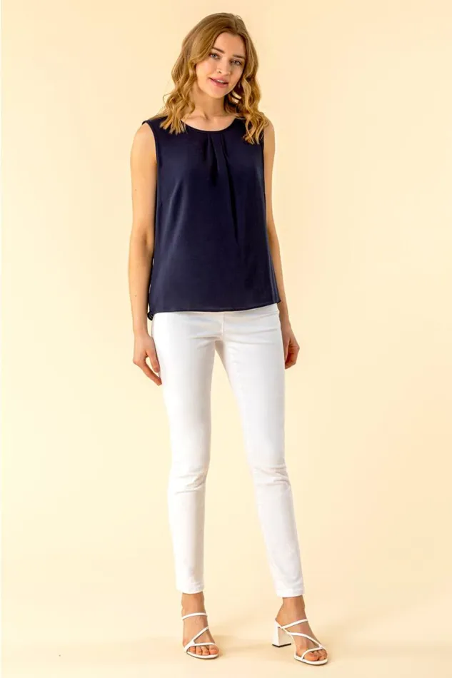 Navy Lace Back Pleat Detail Chiffon Top Women Roman Tops