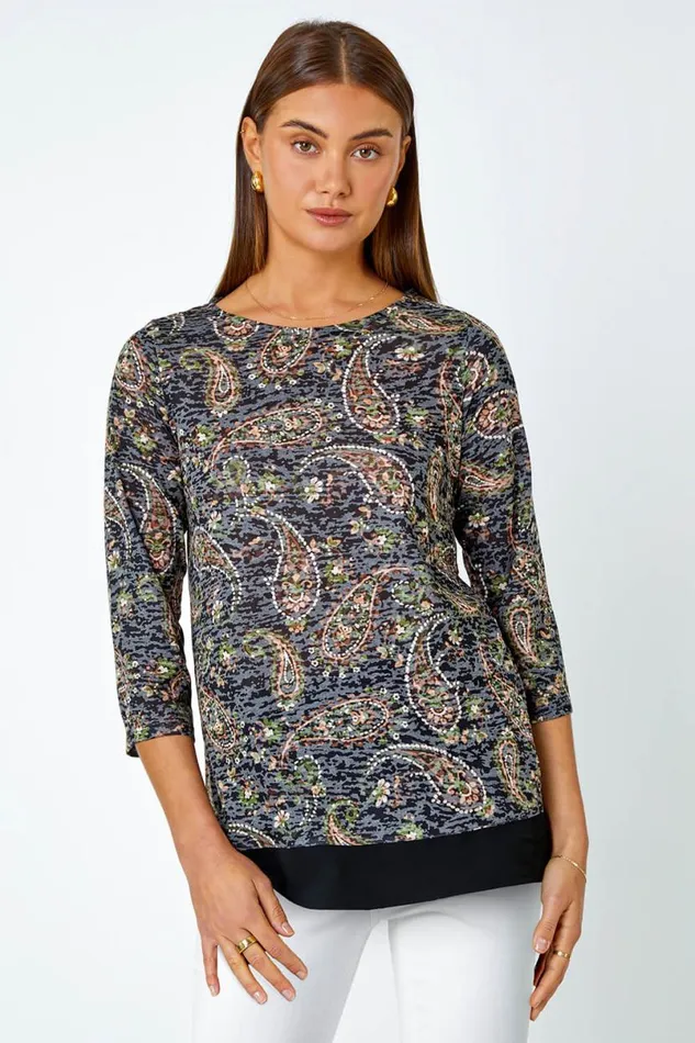 Navy Paisley Print Chiffon Hem Top Women Roman Tops
