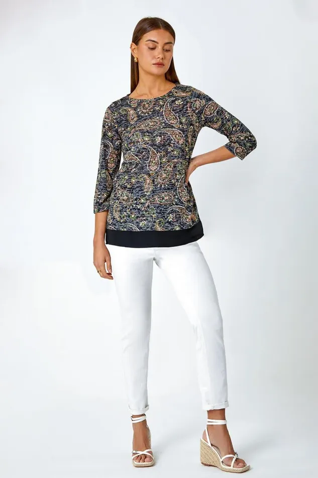 Navy Paisley Print Chiffon Hem Top Women Roman Tops