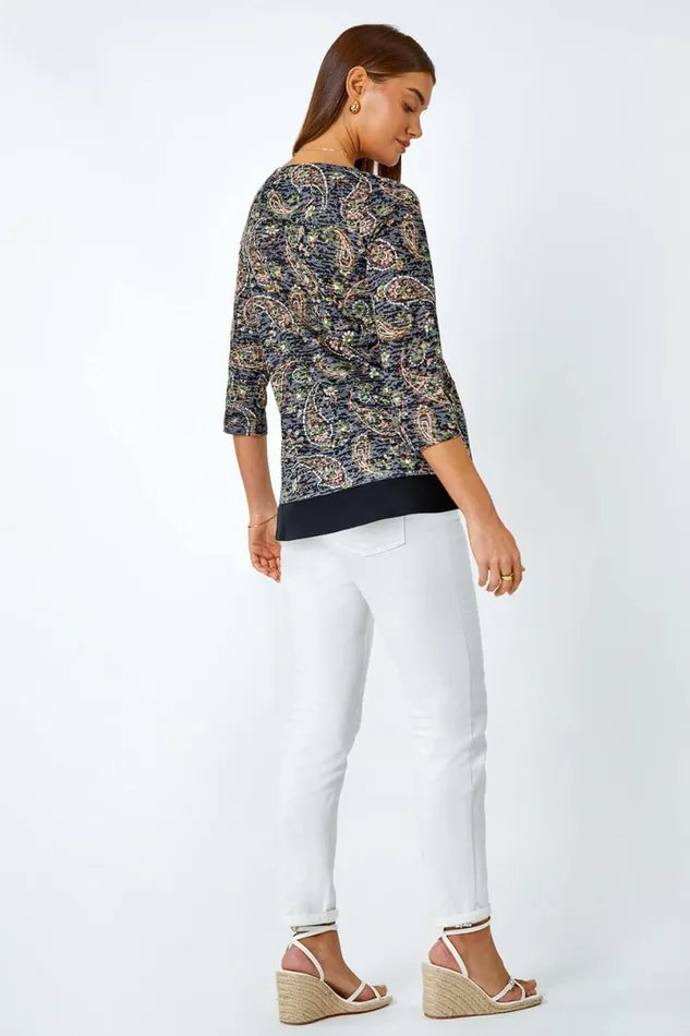 Navy Paisley Print Chiffon Hem Top Women Roman Tops