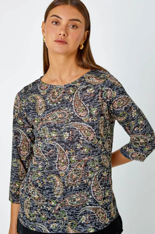 Navy Paisley Print Chiffon Hem Top Women Roman Tops