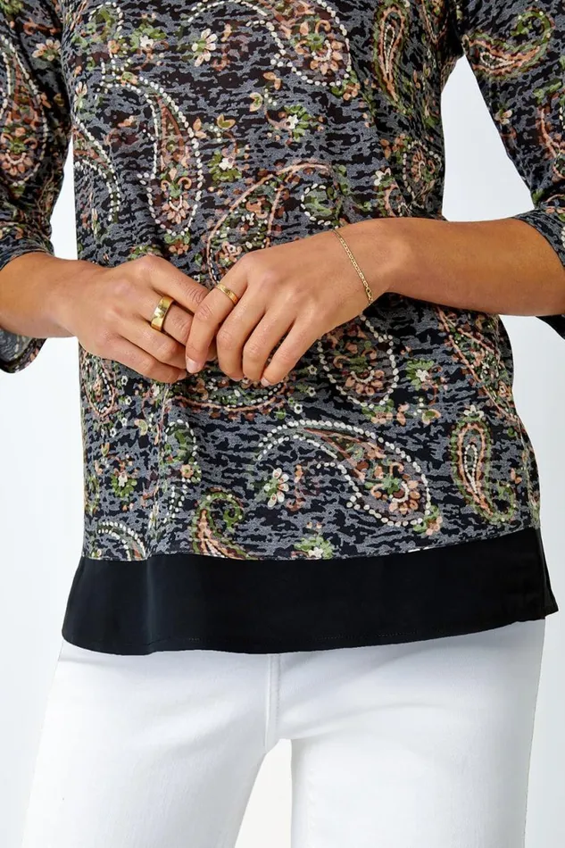 Navy Paisley Print Chiffon Hem Top Women Roman Tops