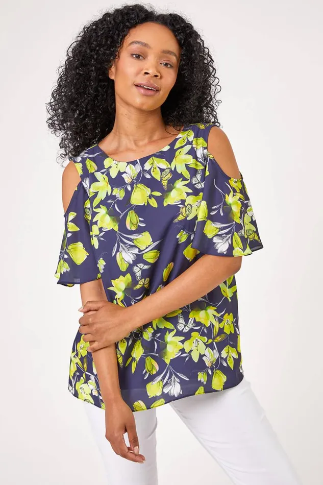 Navy Petite Floral Print Cold Shoulder Chiffon Top Women Roman Tops