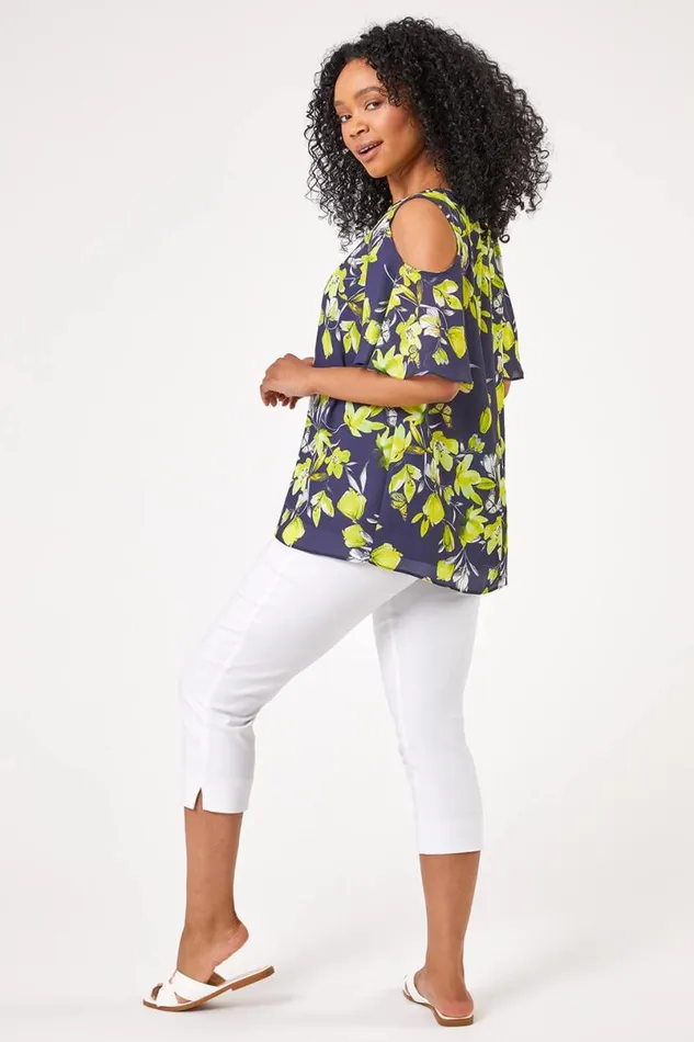 Navy Petite Floral Print Cold Shoulder Chiffon Top Women Roman Tops