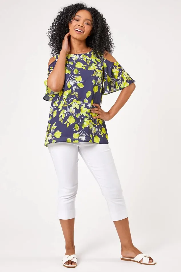 Navy Petite Floral Print Cold Shoulder Chiffon Top Women Roman Tops