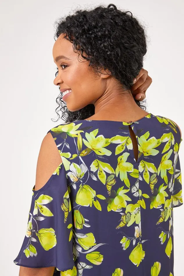 Navy Petite Floral Print Cold Shoulder Chiffon Top Women Roman Tops