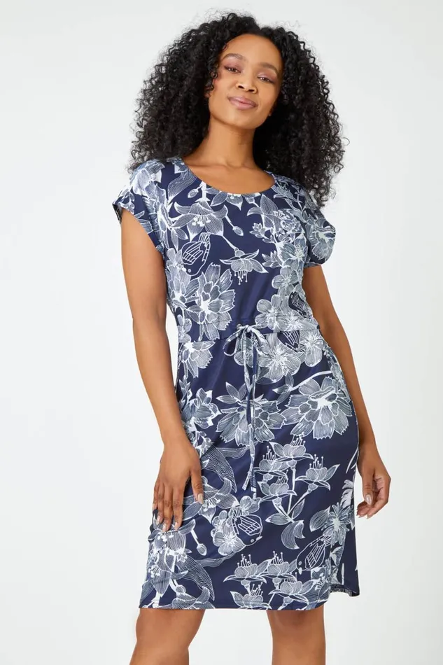 Navy Petite Floral Print Stretch Dress Women Roman Dresses