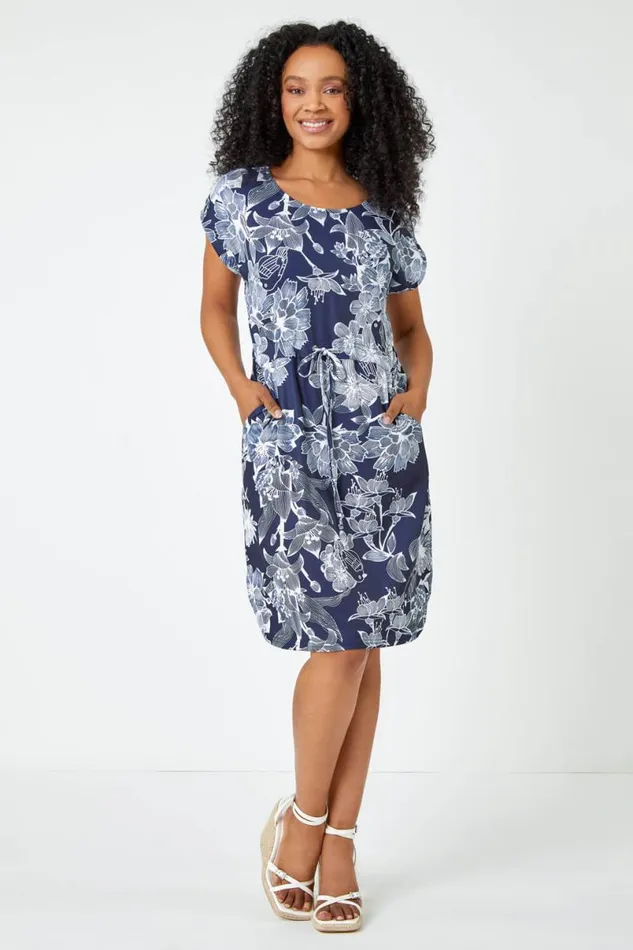 Navy Petite Floral Print Stretch Dress Women Roman Dresses